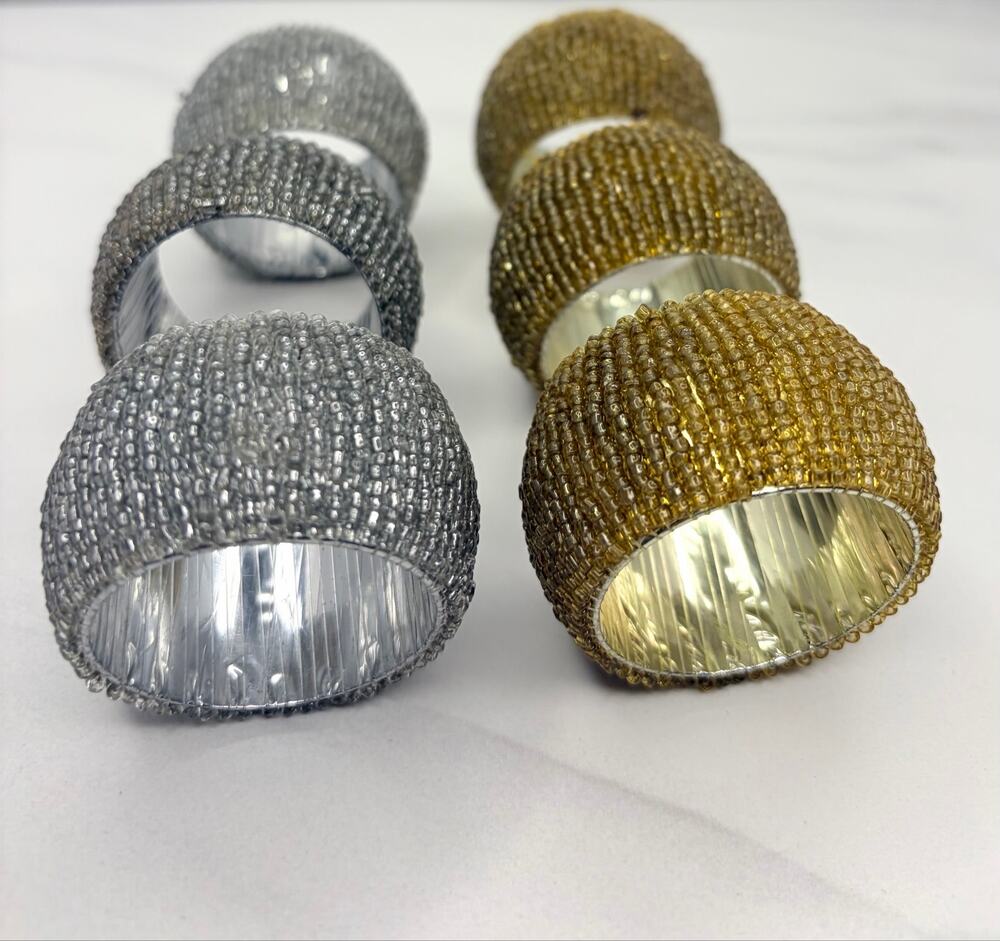 Vintage Glass Seed Bead Napkin Rings – Set of 6 (Gold & Silver Mix)